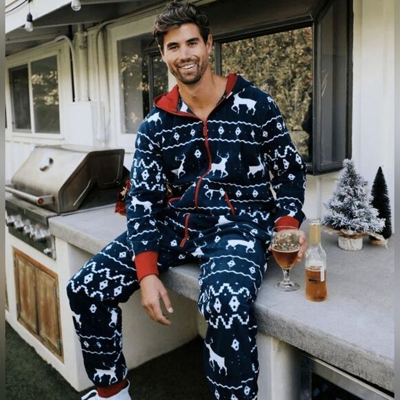 MEN'S BLUE REINDEER JUMPSUIT. Size L - Picture 1 of 15